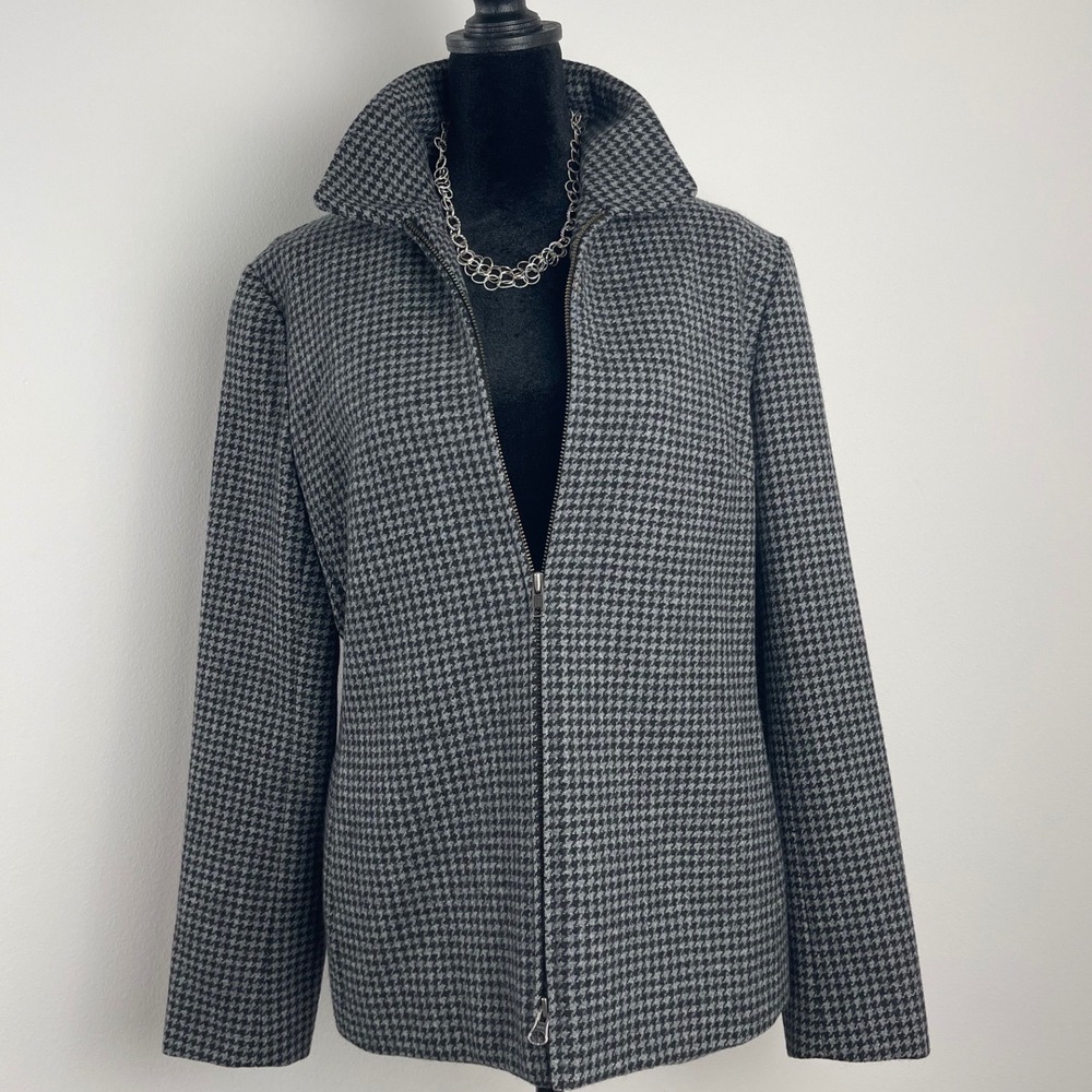 Lauren Ralph Lauren Grey Houndstooth Wool Zip Up Jacket Funnel Neck Size 10